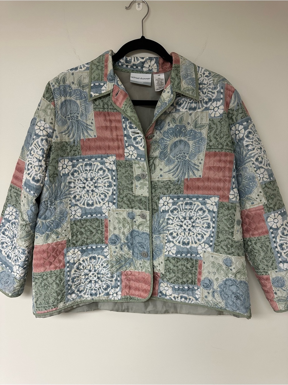 Alfred Dunner Lightweight Patchwork Quilted Jacket in Green, Blue & Pink